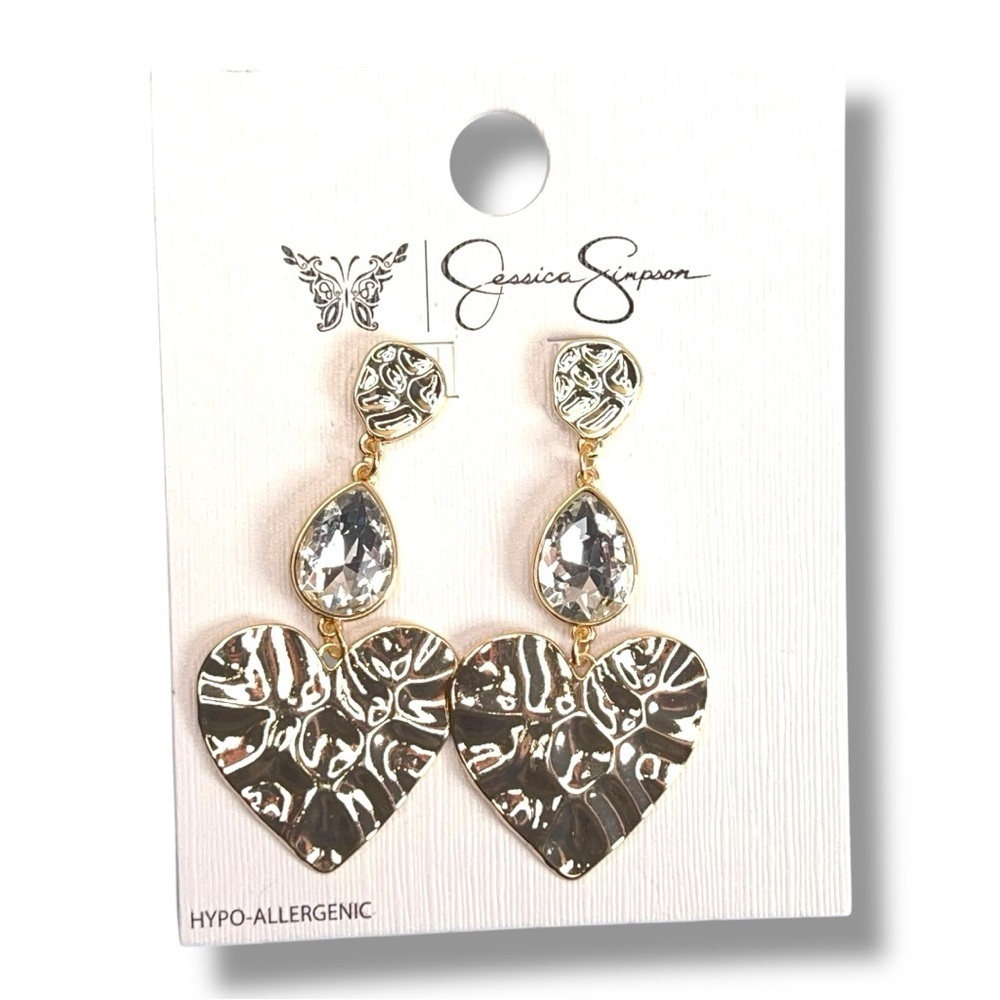 New Jessica Simpson Hammered Gold Heart Dangle Style Earrings Post Back